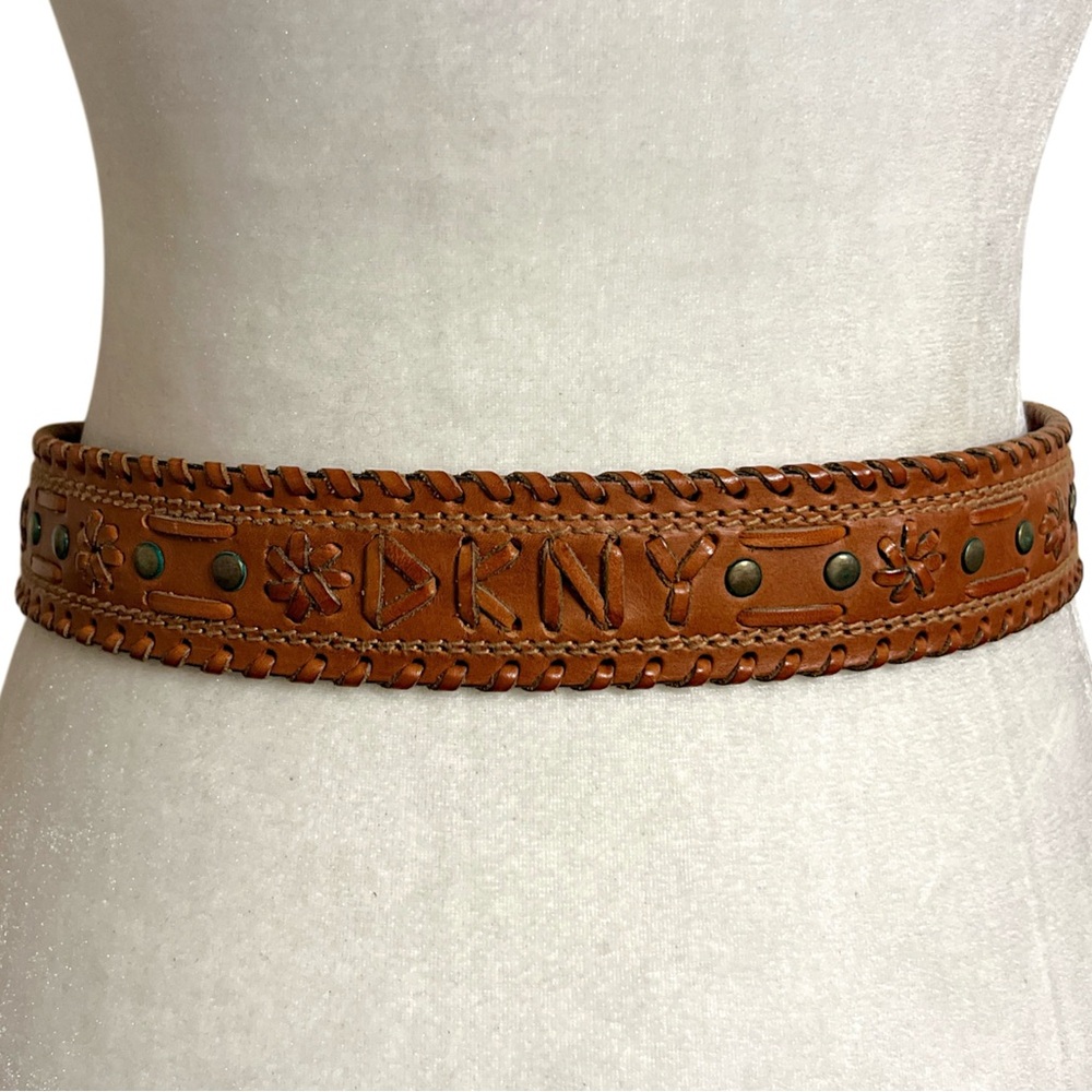 Vintage DKNY Western Leather Belt Whipstitch Boho Y2K Floral Buckle - Picture 3 of 10